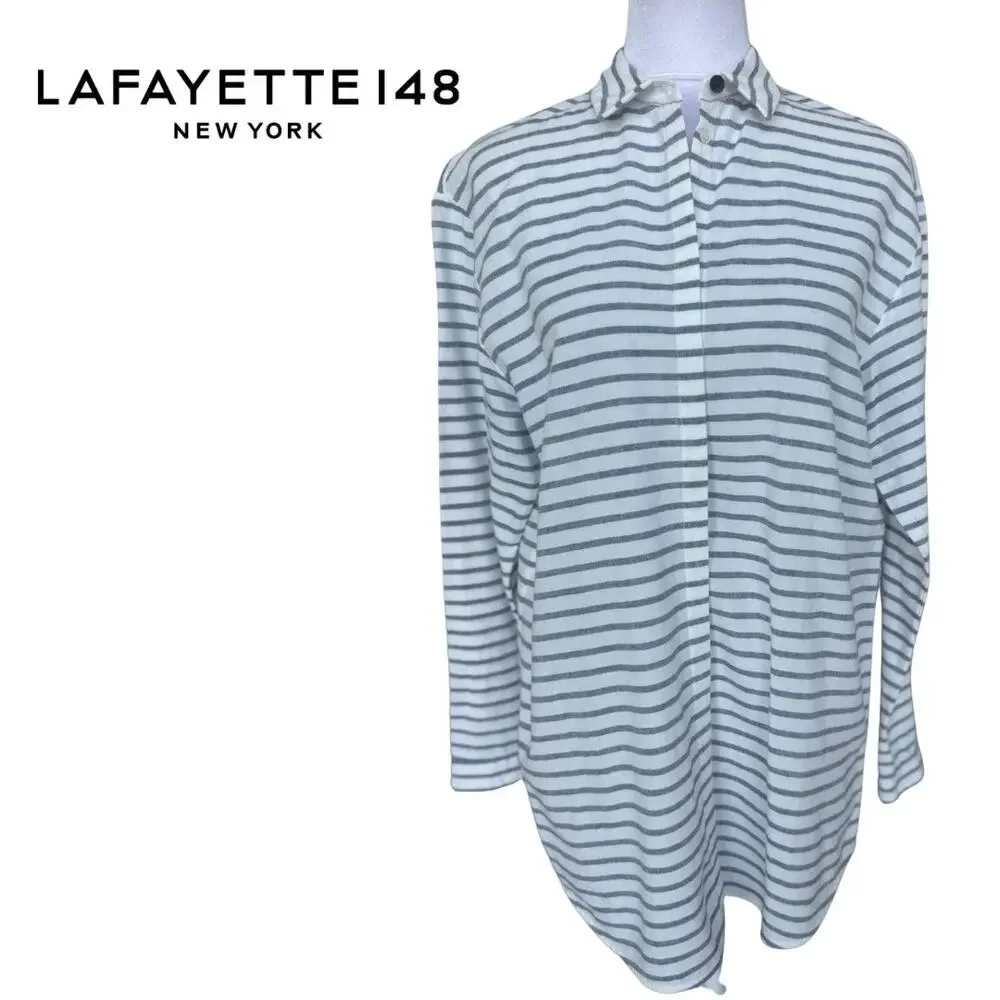 Lafayette 148 New York Button Down White Blue Stripe Tunic Small S Cotton Linen - Picture 3 of 10